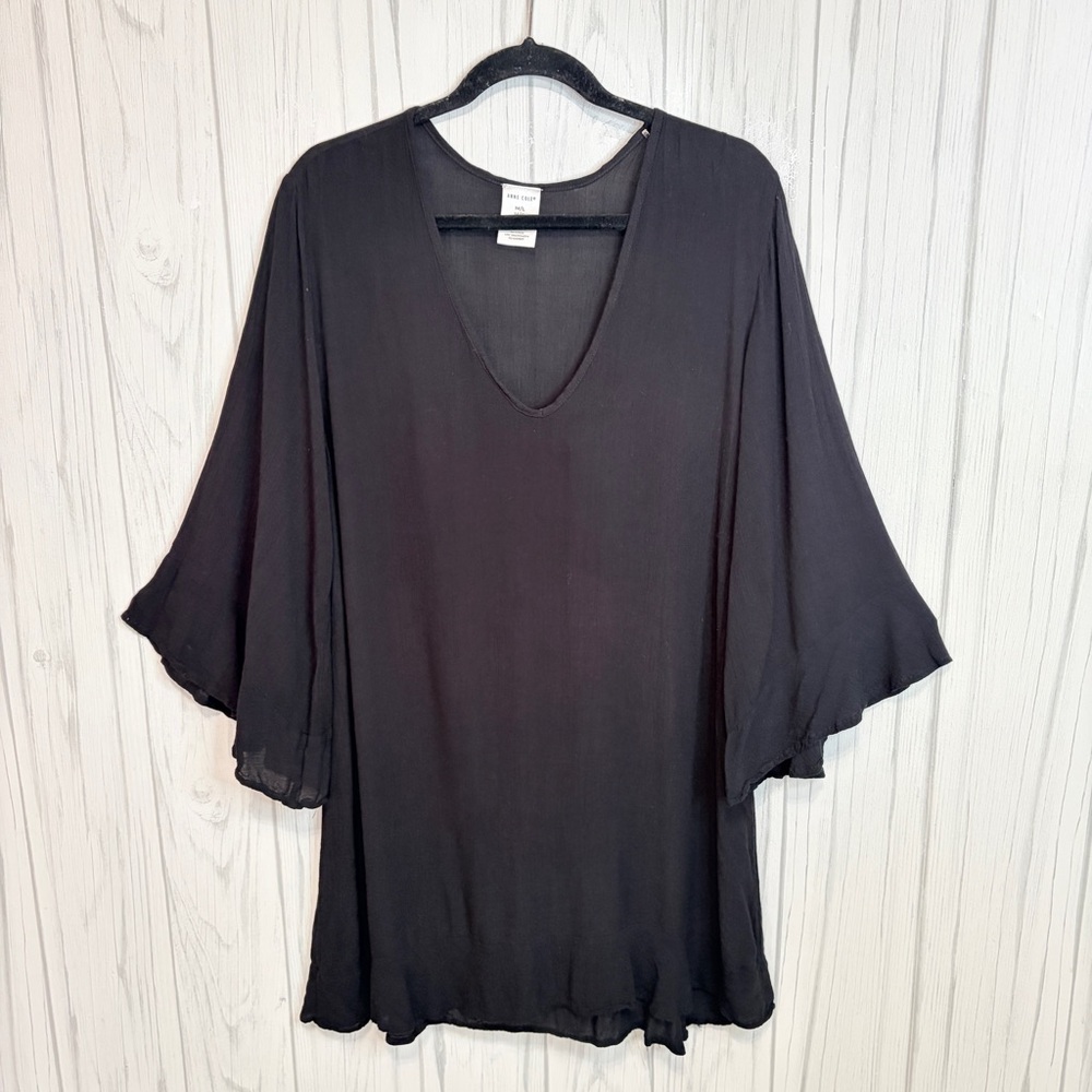ANNE COLE Black V-neck Lightweight Bell Sleeve Tunic Coverup Dress, M/L